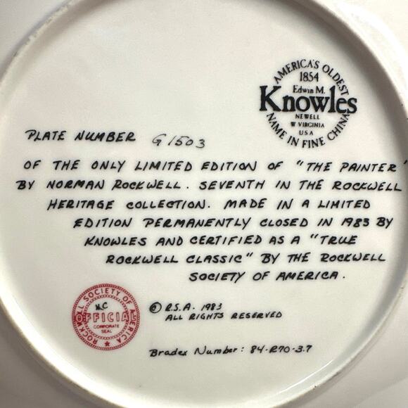 Norman Rockwell plate “The Painter” the only limited edition. R.S.A. 1983 - Picture 8 of 8